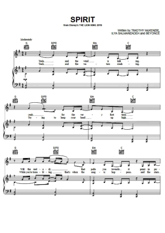 Beyoncé Spirit score for Piano