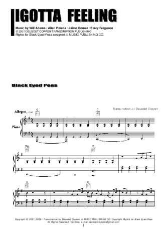 Black Eyed Peas I Gotta Feeling score for Piano