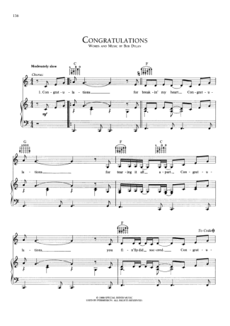 Bob Dylan Congratulations score for Piano