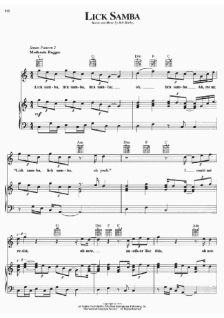 Bob Marley Lick Samba score for Piano