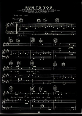 Bryan Adams Run To You  score for Piano