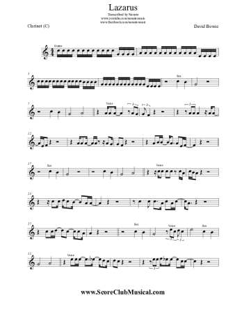 David Bowie Lazarus score for Clarinet (C)