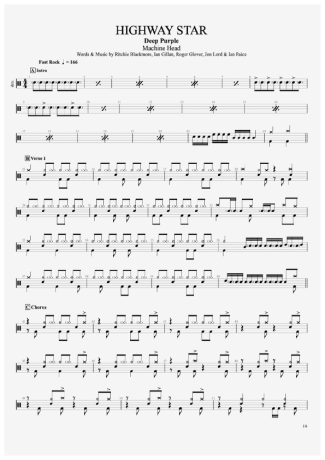 Deep Purple Highway Star score for Drums