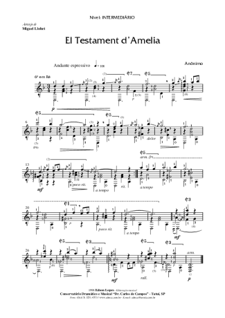 Desconhecido El Testament D'Amelia score for Acoustic Guitar