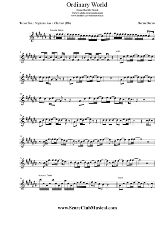 Duran Duran Ordinary World score for Clarinet (Bb)