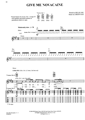 Green Day Give Me Novacaine score for Guitar