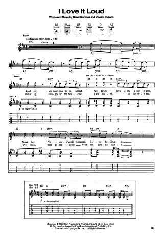 Kiss I Love It Loud score for Guitar