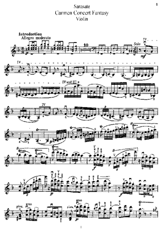 Pablo de Sarasate Carmen Fantasy score for Violin