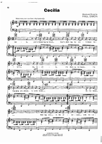 Simon and Garfunkel Cecilia score for Piano