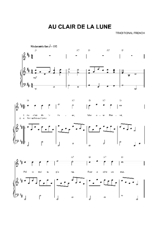 Traditional French Music Au Clair De La Lune score for Piano