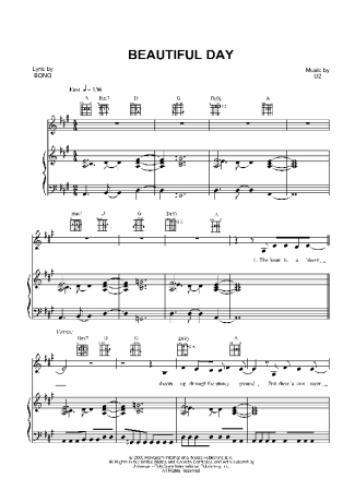 U2 Beautiful Day score for Piano