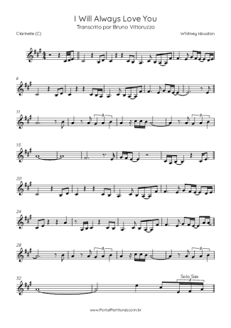 Whitney Houston  score for Clarinet (C)