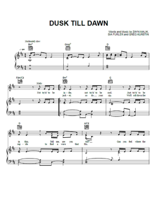 Zayn Dusk Till Dawn (feat Sia) score for Piano